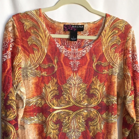 Peck & Peck lightweight yellow, orange, and white 3/4-sleeve stretchy tunic, L - Picture 2 of 6